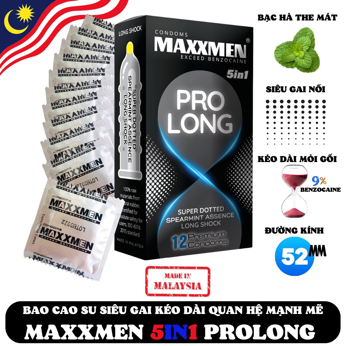 Bao Cao Su Cao Cấp Maxxmen 5in1 Prolong – Kéo Dài Thời Gian – Gân Bi Siêu Mỏng